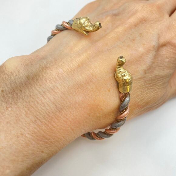 Vintage Elephant Cuff Bracelet Twisted Copper & Brass Ethnic Boho-Size 8 - Picture 4 of 6